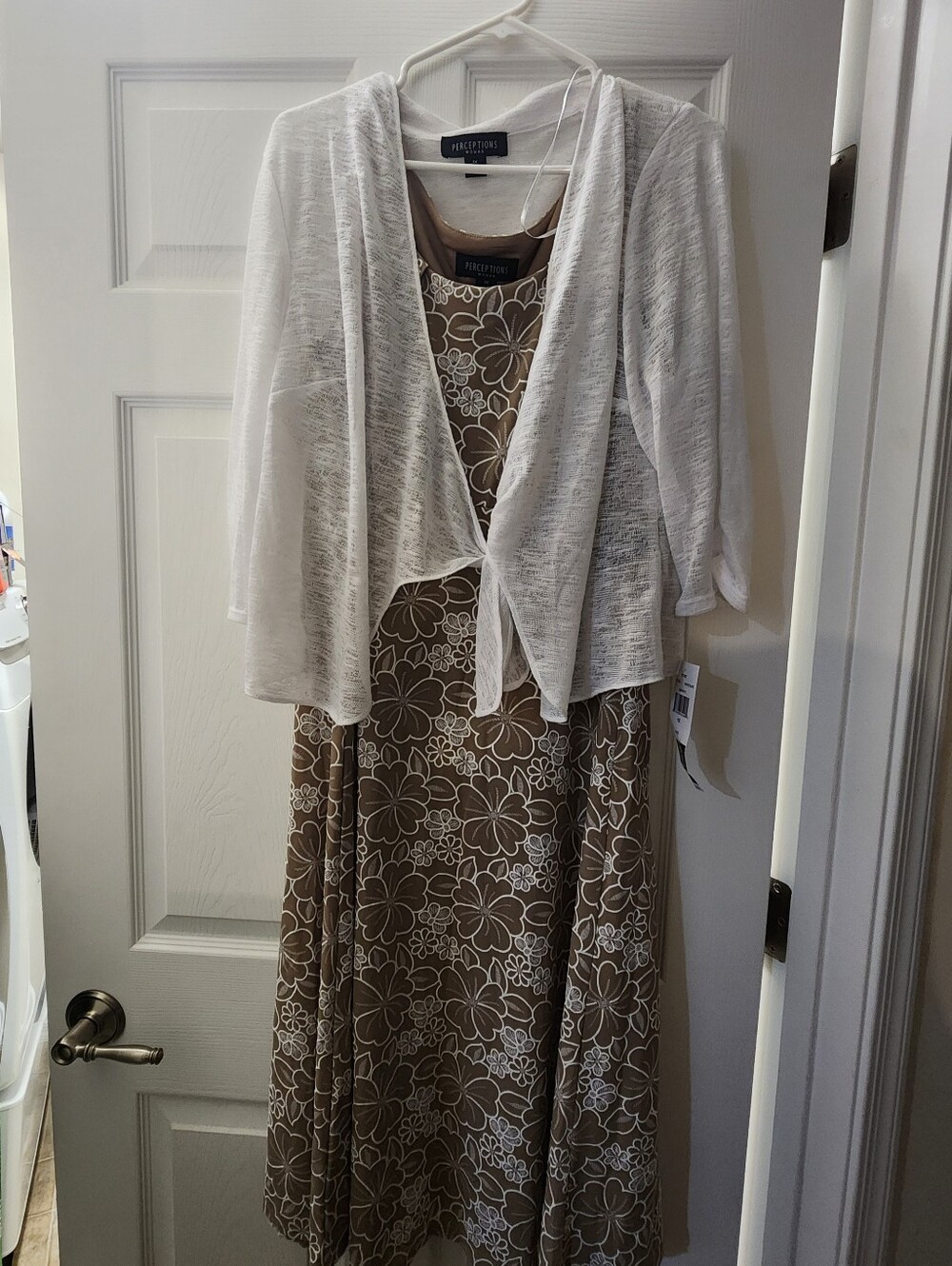 Perceptions Beige Floral Maxi Dress with White Cardigan Size 1X